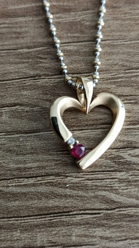 14K Gold Heart Pendant Necklace with Ruby & Diamond