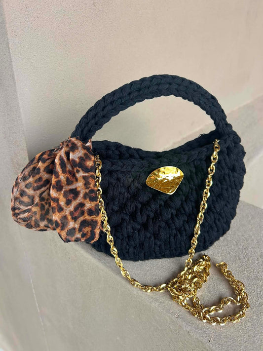 Black Crochet Bag with Gold Chain & Leopard Bow