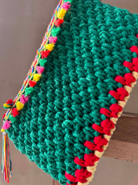 Green Cotton Crochet Pouch with Fiesta Tassel Trim