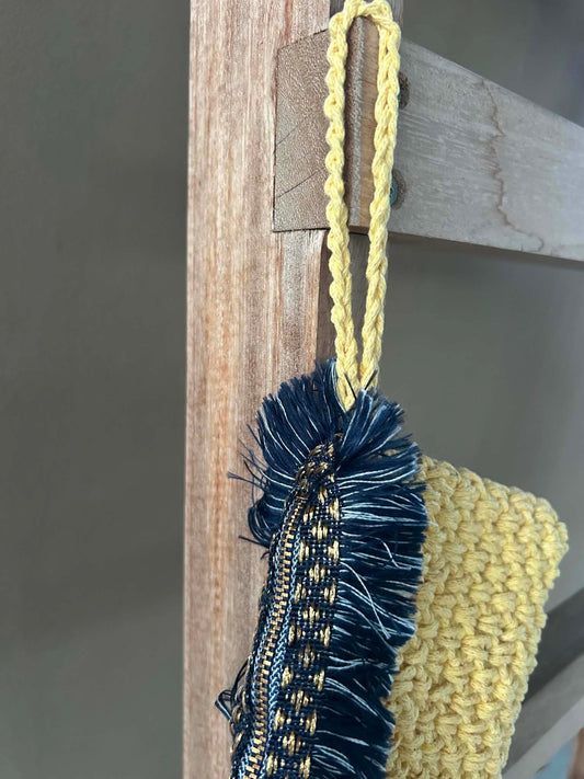 Yellow Cotton Crochet Clutch with Navy Fringe Zipper