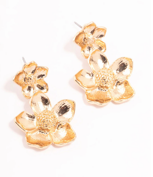 Gold Double Flower Drop Earrings