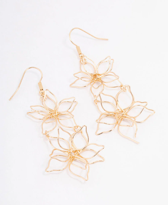 Gold Double Wire Flower Drop Earrings
