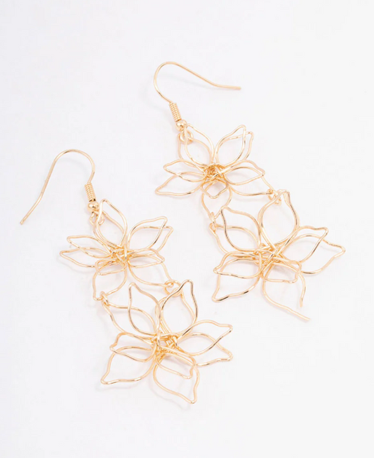 Gold Double Wire Flower Drop Earrings