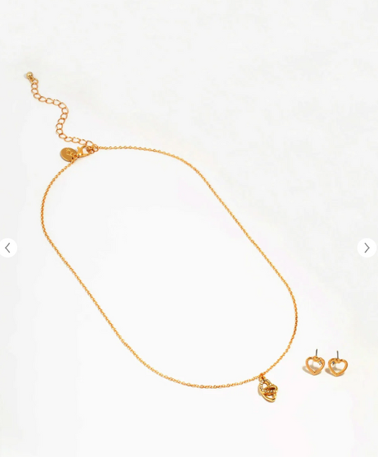 Gold Tone Link Heart Diamante Necklace & Earrings Set