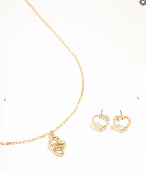 Gold Tone Link Heart Diamante Necklace & Earrings Set