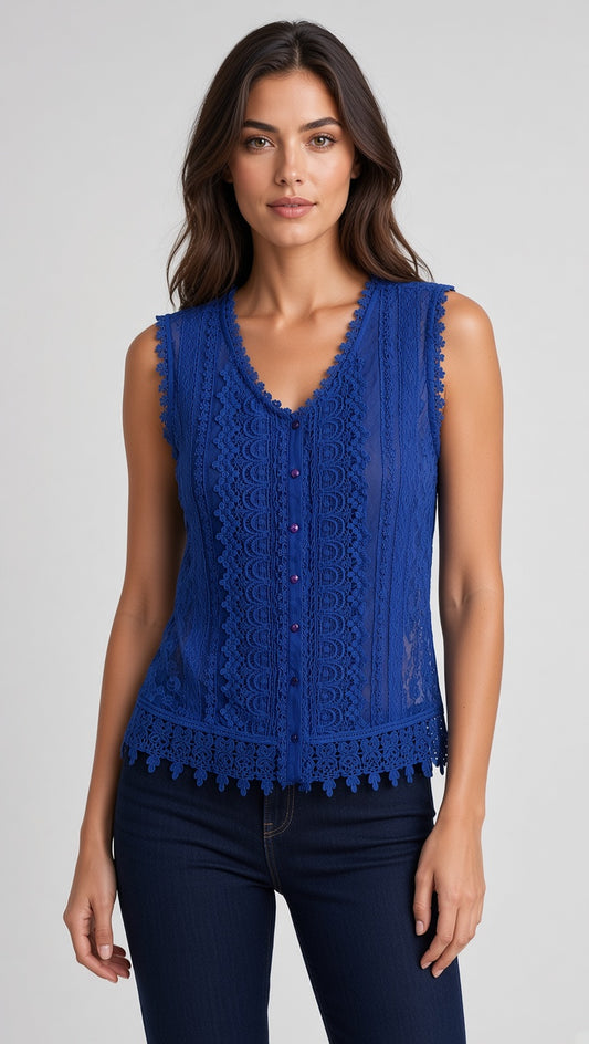 Roman Blue Lace Sleeveless Button-Down Shirt
