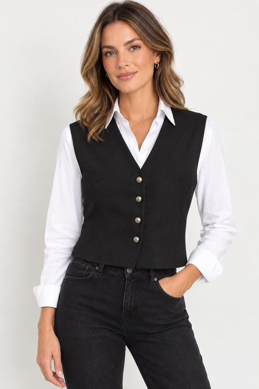 Model wearing a black V-neck waistcoat with metallic buttons over a white collared shirt and black jeans.