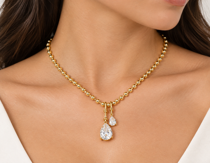 Gold Plated Double Cubic Zirconia Teardrop Pendant Necklace — New, CZ Sparkle