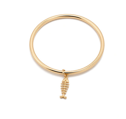 Gold Fishbone Charm Bangle — New, Quirky Coastal Jewellery, 4mm