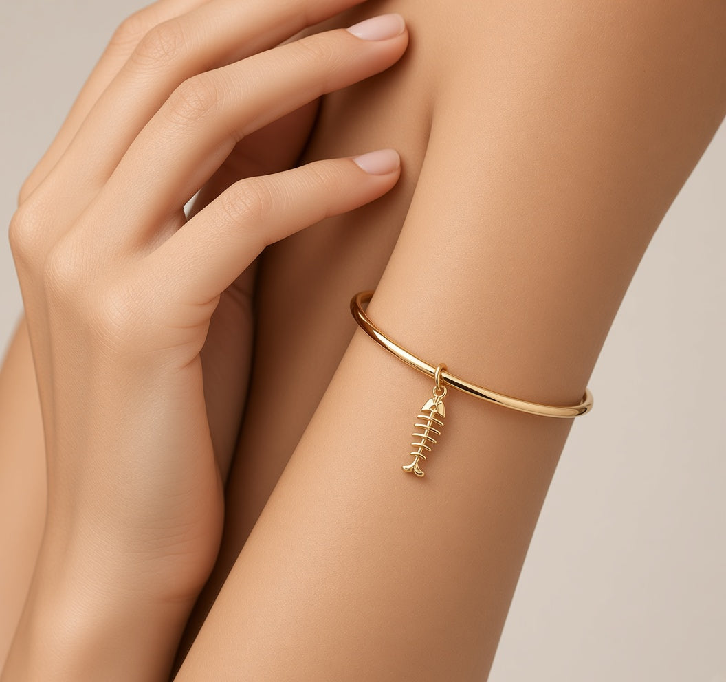 Gold Fishbone Charm Bangle — New, Quirky Coastal Jewellery, 4mm
