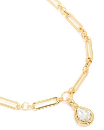 Gold Plated Diamante Bezel Teardrop Chain Necklace — New, Crystal Pendant, Statement Jewellery