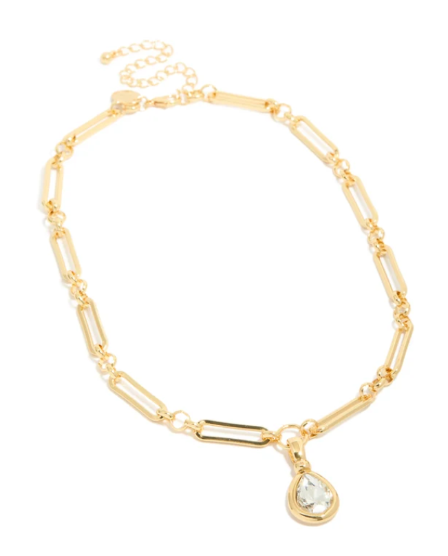 Gold Plated Diamante Bezel Teardrop Chain Necklace — New, Crystal Pendant, Statement Jewellery