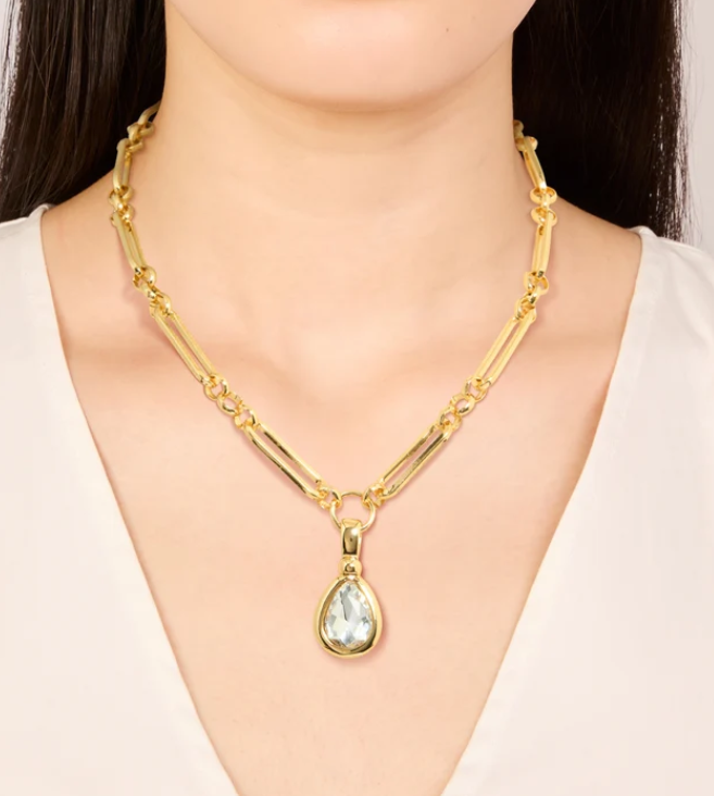 Gold Plated Diamante Bezel Teardrop Chain Necklace — New, Crystal Pendant, Statement Jewellery