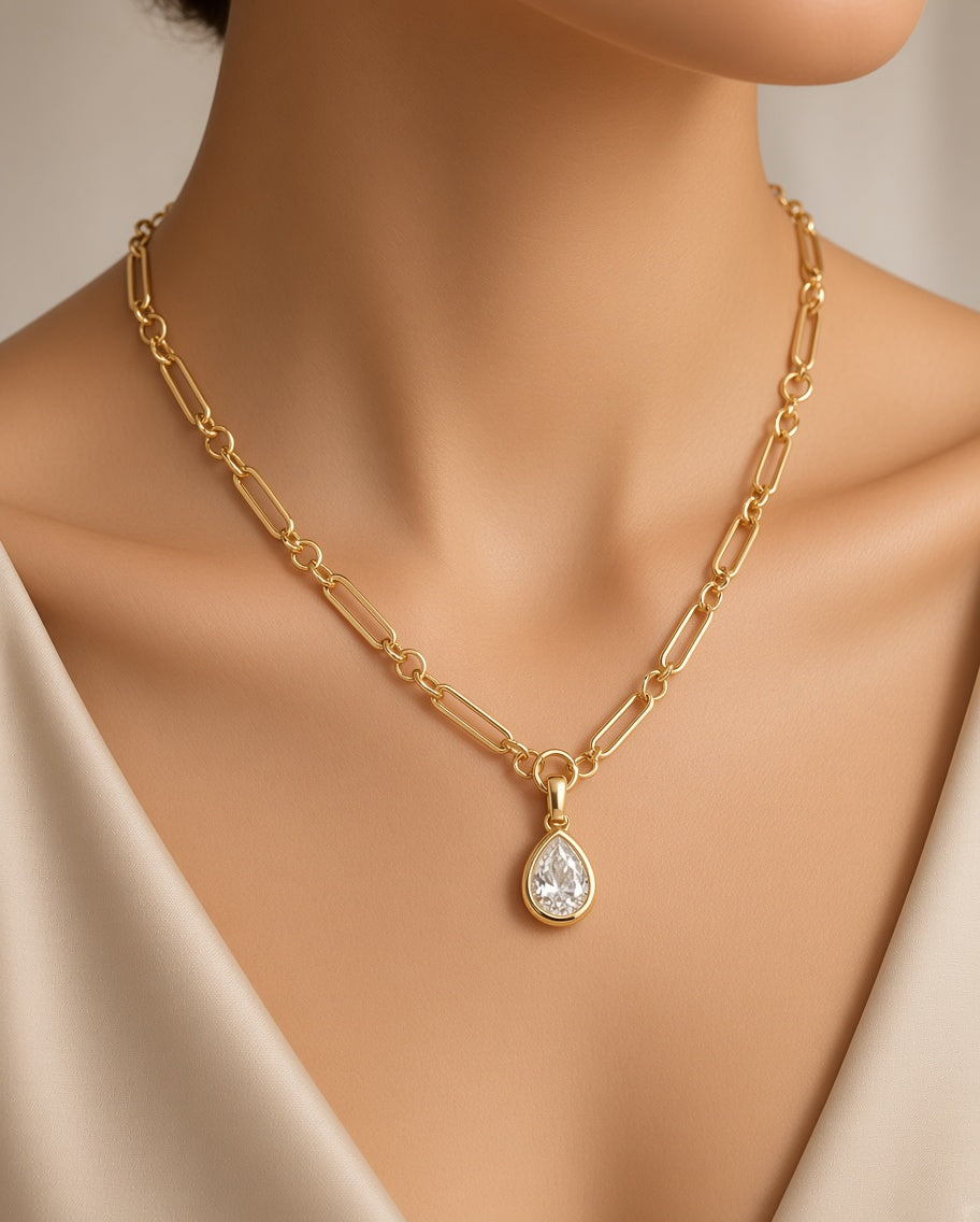 Gold Plated Diamante Bezel Teardrop Chain Necklace — New, Crystal Pendant, Statement Jewellery