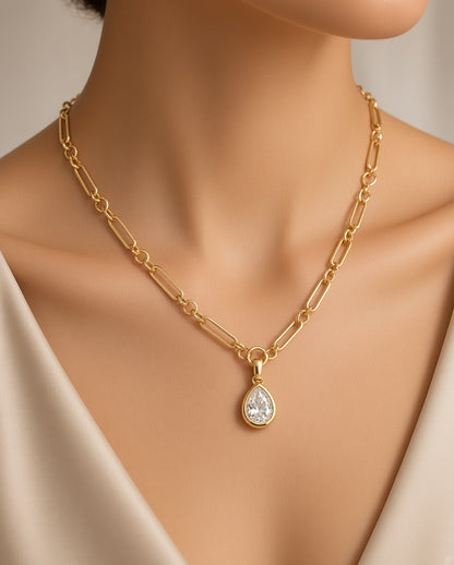 Gold Plated Diamante Bezel Teardrop Chain Necklace — New, Crystal Pendant, Statement Jewellery