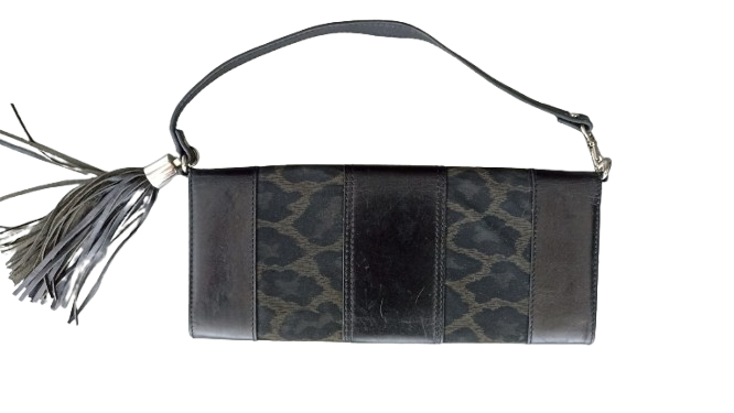 Vintage Karen Millen Black Leather and Leopard Print Fabric Studded Clutch