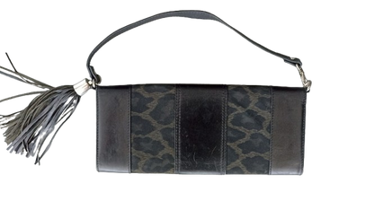 Vintage Karen Millen Black Leather and Leopard Print Fabric Studded Clutch