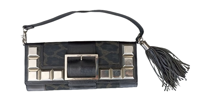 Vintage Karen Millen Black Leather and Leopard Print Fabric Studded Clutch