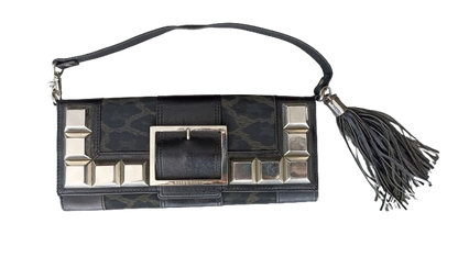 Vintage Karen Millen Black Leather and Leopard Print Fabric Studded Clutch