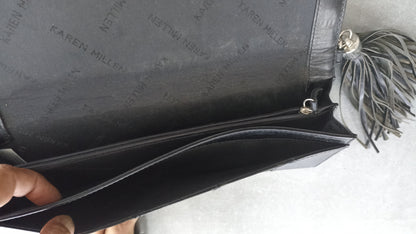 Vintage Karen Millen Black Leather and Leopard Print Fabric Studded Clutch