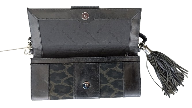 Vintage Karen Millen Black Leather and Leopard Print Fabric Studded Clutch