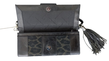 Vintage Karen Millen Black Leather and Leopard Print Fabric Studded Clutch