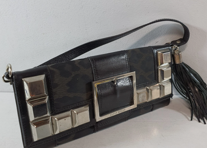 Vintage Karen Millen Black Leather and Leopard Print Fabric Studded Clutch