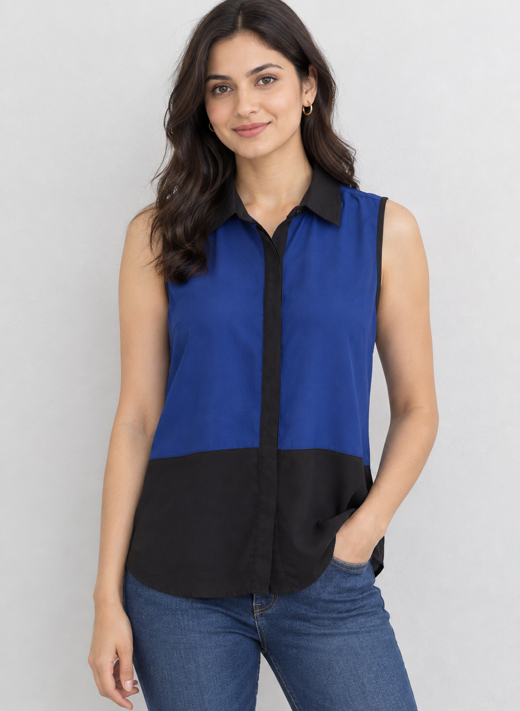 Vintage Lee Cooper Colourblock Sleeveless Blouse — Royal Blue & Black, Size UK14, Excellent Vintage Condition