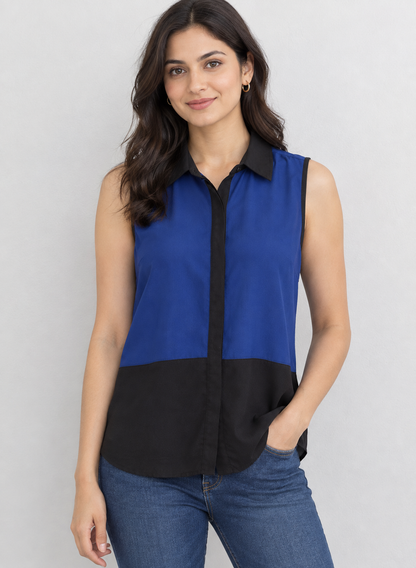 Vintage Lee Cooper Colourblock Sleeveless Blouse — Royal Blue & Black, Size UK14, Excellent Vintage Condition