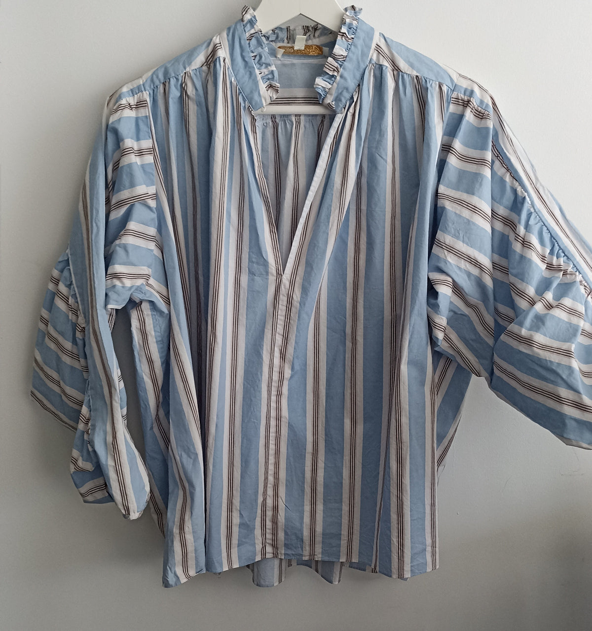 Maje Lavia Blue Striped Oversized Ruched Long Sleeves Top Size 1