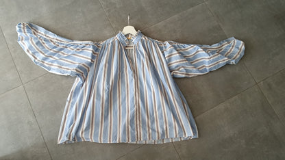 Maje Lavia Blue Striped Oversized Ruched Long Sleeves Top Size 1