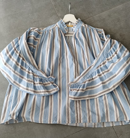 Maje Lavia Blue Striped Oversized Ruched Long Sleeves Top Size 1