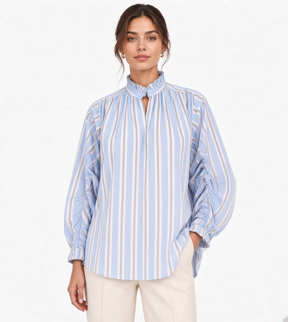 Maje Lavia Blue Striped Oversized Ruched Long Sleeves Top Size 1