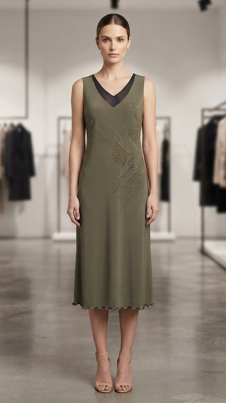 Olive green sleeveless midi dress by Maglificio MG.