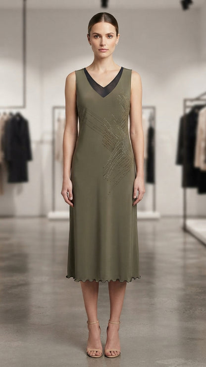 Olive green sleeveless midi dress by Maglificio MG.