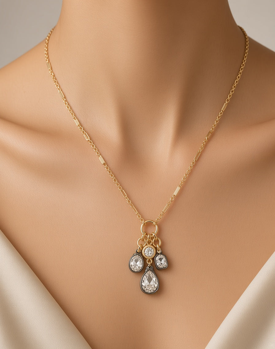 Mixed Metal Plated Diamante Cluster Drop Necklace.
