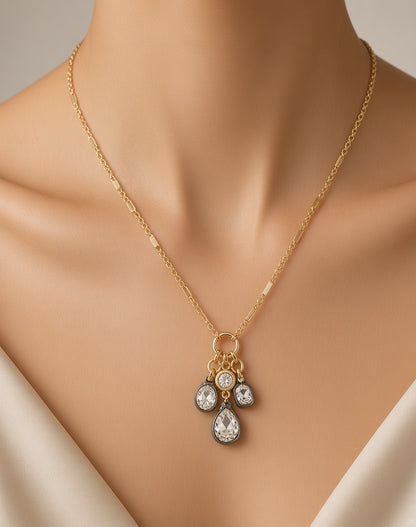 Mixed Metal Plated Diamante Cluster Drop Necklace.