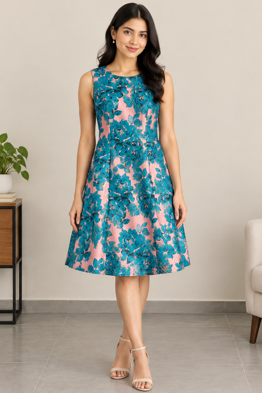 Model wearing a sleeveless Monsoon A-line dress with teal floral print on a dusty pink background, styled with nude heels.