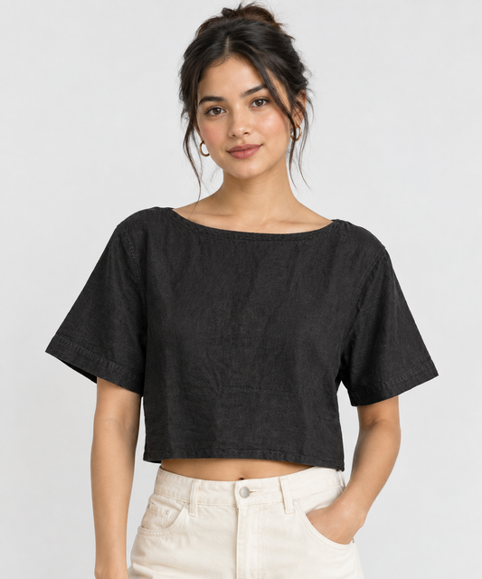 120%Lino Black Linen Blouse