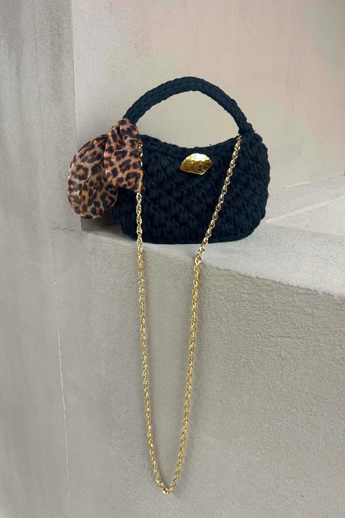 Black Crochet Bag with Gold Chain & Leopard Bow