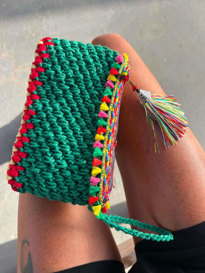 Green Cotton Crochet Pouch with Fiesta Tassel Trim