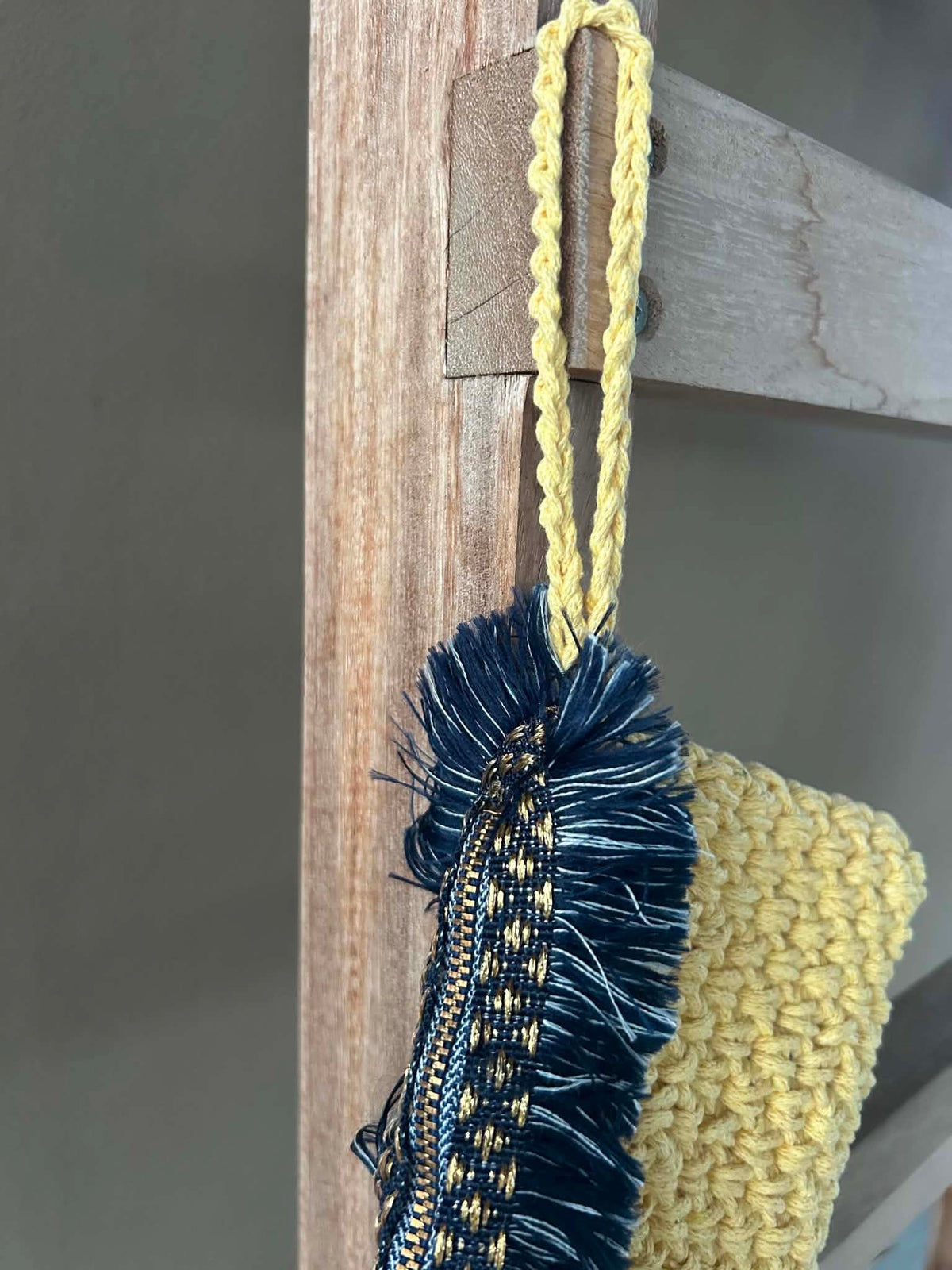 Yellow Cotton Crochet Clutch with Navy Fringe Zipper