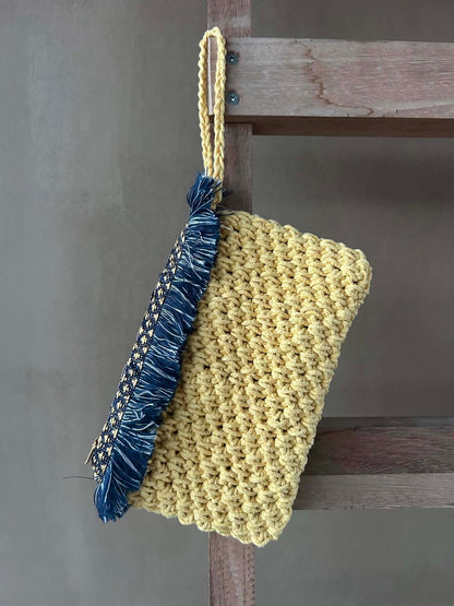 Yellow Cotton Crochet Clutch with Navy Fringe Zipper
