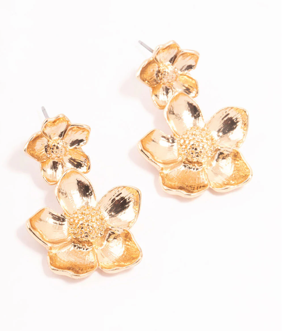 Gold Double Flower Drop Earrings