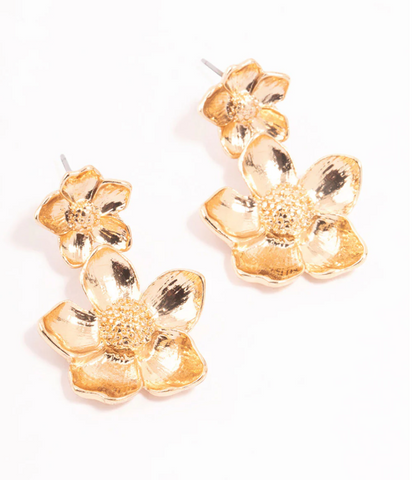 Gold Double Flower Drop Earrings