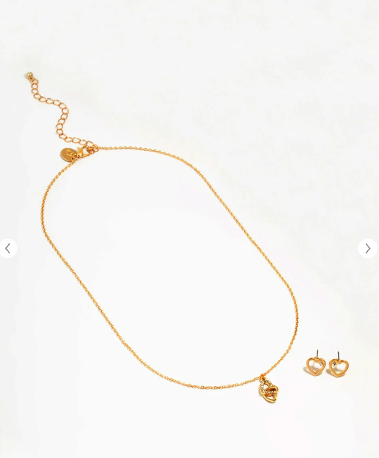 Gold Tone Link Heart Diamante Necklace & Earrings Set