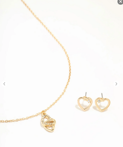 Gold Tone Link Heart Diamante Necklace & Earrings Set