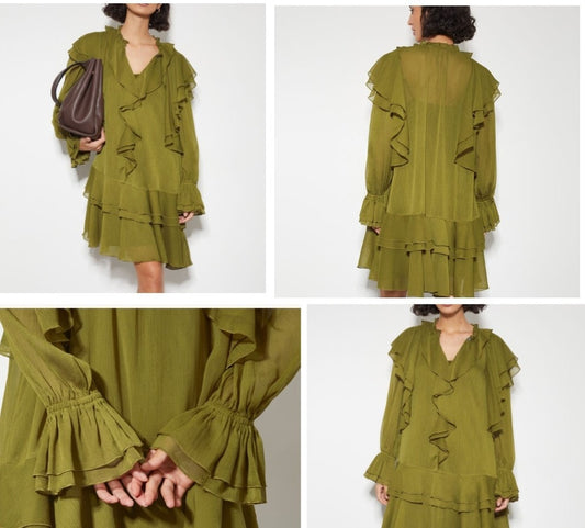 Monsoon Aria Ruffle Dress — Khaki Green