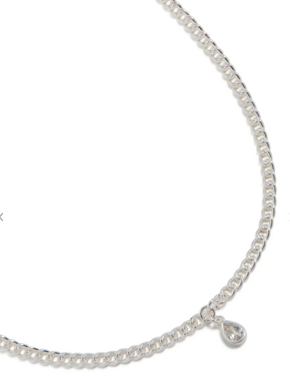 Silver Cuban Chain Necklace with Crystal Teardrop Pendant
