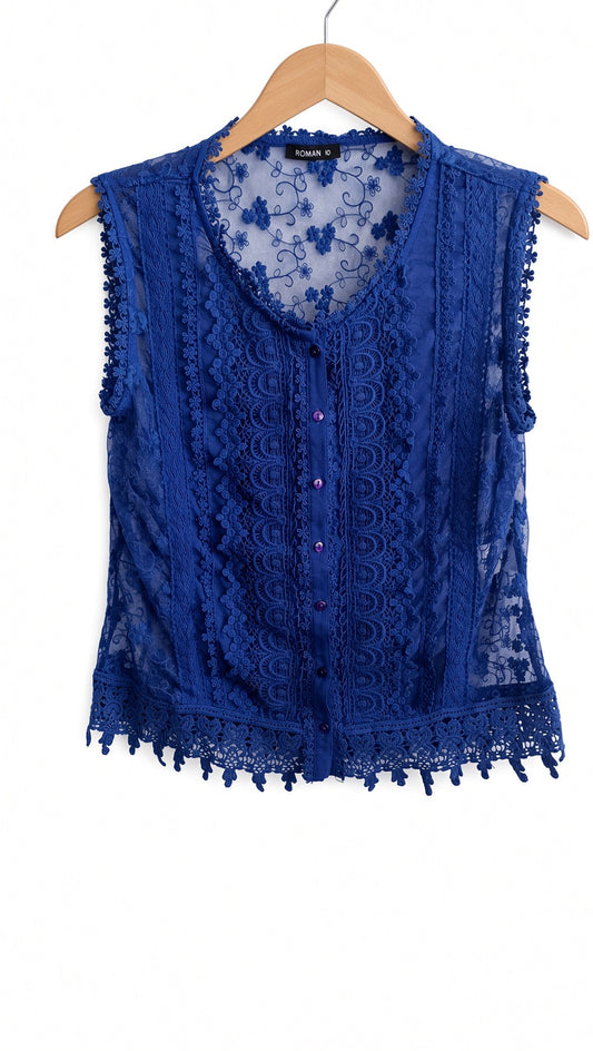 Roman Blue Lace Sleeveless Button-Down Shirt